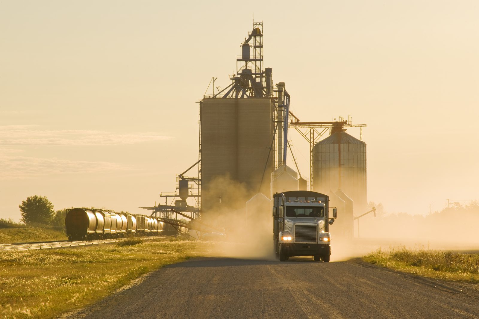 Grain truck leaving an elevator at golden hour with rail cars in the background